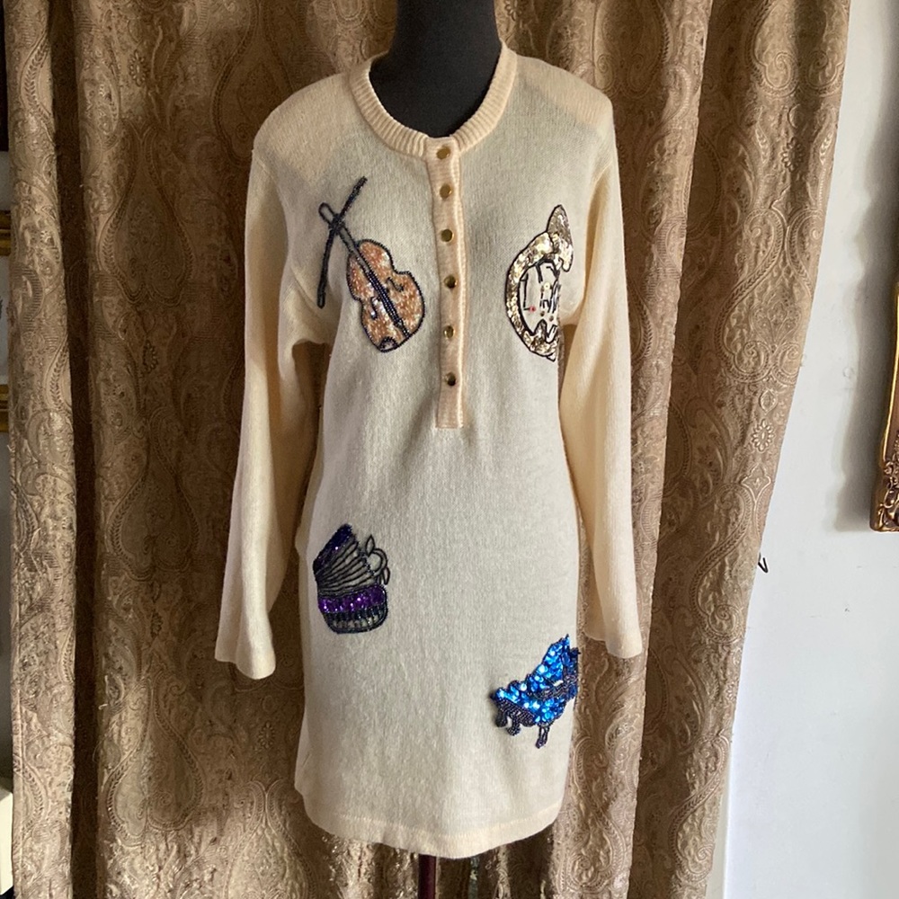 Vint 80s Jazz Carducci Wool Angora Sequence/Beaded Art Bling Sweater